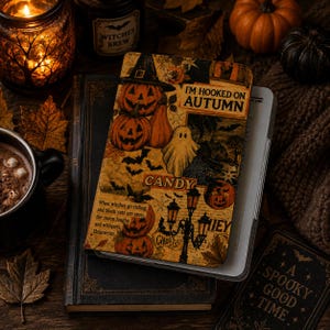 Op de afbeelding: Een e-reader hoes met een vintage-stijl collage van oranje pompoenen, een wit spook, zwarte vleermuizen en lantaarnpalen. De tekst bevat I'M HOOKED ON AUTUMN, CANDY en een gedicht over heksen, zwarte katten en Hallowe'en.