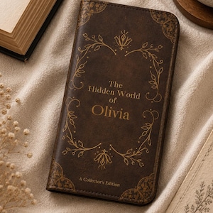 May include: A dark brown rectangular phone case featuring gold foil filigree patterns and the text "The Hidden World of Olivia" and "A Collector's Edition" printed on the front. The design includes ornate floral borders and corner accents.