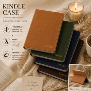 May include: A stack of four rectangular Kindle cases in tan, dark green, navy blue, and dark brown, each featuring the name Emma embossed on the front cover. The cases include a hand strap, a foldable stand, and a magnetic closure mechanism.
