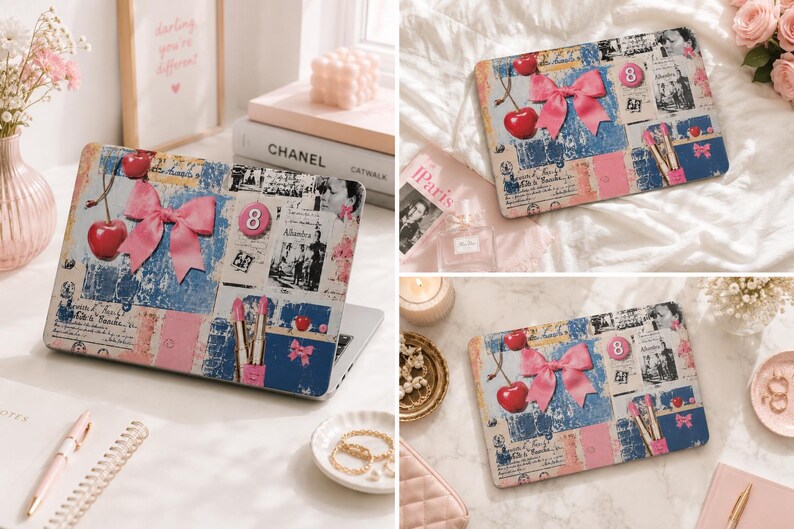 Kirsche Schleife Collage MacBook Soft Case ästhetische Air 16 15 Zoll A3114 M3 M2 Air 13 A2337, Laptop Hülle für Mac Pro 13 14 15 16 2022-2024 Bild 2