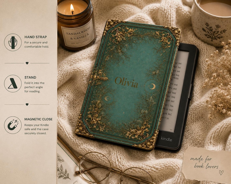 May include: A teal e-reader case with gold filigree corners and edges, featuring the name Olivia and crescent moon symbols in the center. The case includes a hand strap, a foldable stand, and a magnetic closure, designed to protect a black Kindle.