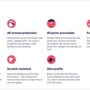 K&ouml;nnte beinhalten: Eine Infografik mit dem Titel Features zeigt sieben kreisf&ouml;rmige Symbole auf rosa Hintergrund. Die Symbole stehen f&uuml;r Stabilit&auml;t, Schutz, Anschlusszugang, Bel&uuml;ftung, Qualit&auml;t, Kratzfestigkeit und ein schlankes Profil f&uuml;r eine Laptop-H&uuml;lle.