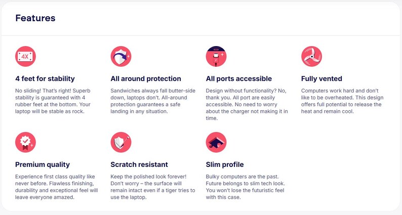 K&ouml;nnte beinhalten: Eine Infografik mit dem Titel Features zeigt sieben kreisf&ouml;rmige Symbole auf rosa Hintergrund. Die Symbole stehen f&uuml;r Stabilit&auml;t, Schutz, Anschlusszugang, Bel&uuml;ftung, Qualit&auml;t, Kratzfestigkeit und ein schlankes Profil f&uuml;r eine Laptop-H&uuml;lle.