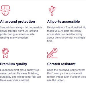 K&ouml;nnte beinhalten: Eine Infografik mit acht roten Symbolen und Text, der die Funktionen einer Laptop-H&uuml;lle beschreibt: Standf&uuml;&szlig;e f&uuml;r Stabilit&auml;t, Rundumschutz, zug&auml;ngliche Anschl&uuml;sse, Bel&uuml;ftung, sichtbares Logo, Premium-Qualit&auml;t, Kratzfestigkeit und schlankes Profil.