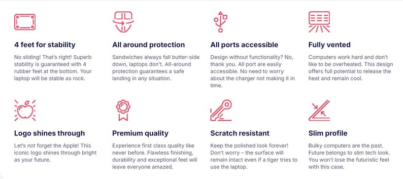K&ouml;nnte beinhalten: Eine Infografik mit acht roten Symbolen und Text, der die Funktionen einer Laptop-H&uuml;lle beschreibt: Standf&uuml;&szlig;e f&uuml;r Stabilit&auml;t, Rundumschutz, zug&auml;ngliche Anschl&uuml;sse, Bel&uuml;ftung, sichtbares Logo, Premium-Qualit&auml;t, Kratzfestigkeit und schlankes Profil.