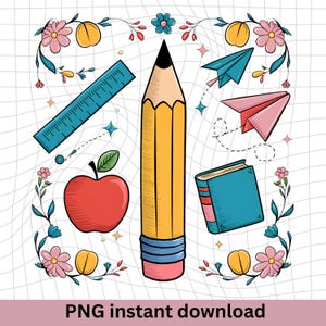 Floral Teacher Pencil PNG, Coquette Teacher Back To School Png, 1st Day Of School Png, Boho Floral Teacher Png, Brushstroke, School Girl Png