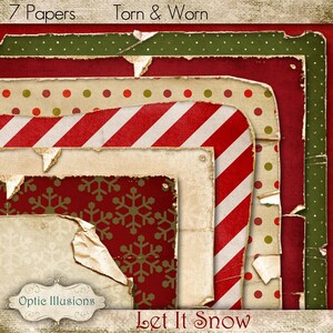 May include: Seven digital papers with a Christmas theme. The papers feature red, green, white, and gold colors. The papers have a torn and worn look. The text "Let It Snow" is at the bottom of the image.