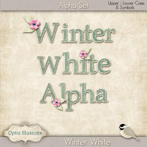 May include: Winter White Alpha Set, a digital font set with a stitched, fabric-like texture. The font is displayed in a light green color with pink flower accents. The text reads "Winter White Alpha".