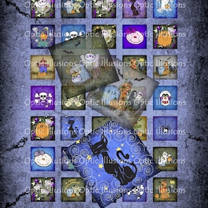 May include: A digital collage of Halloween-themed images, including pumpkins, ghosts, cats, and skulls. The images are arranged in a grid pattern on a blue background with a distressed texture. The title "Optic Illusions" is at the top of the image.