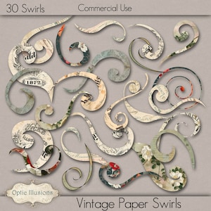 Redemoinhos de papel vintage - 30 redemoinhos -Clip Art - Elementos de scrapbooking digital, cartões, artesanato - Uso comercial - DOWNLOAD INSTANTÂNEO -1,75