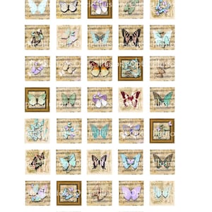 May include: A digital collage of 25 images featuring butterflies on a vintage sheet music background. The butterflies are in various colors, including blue, green, purple, and pink. The sheet music is a light brown color with black musical notes.