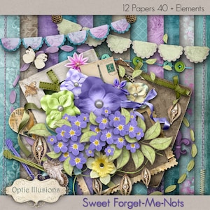 Sweet-Forget-Me-Nots - Kit di scrapbooking digitale - 12 bellissimi documenti - 43 elementi Plus -4,75