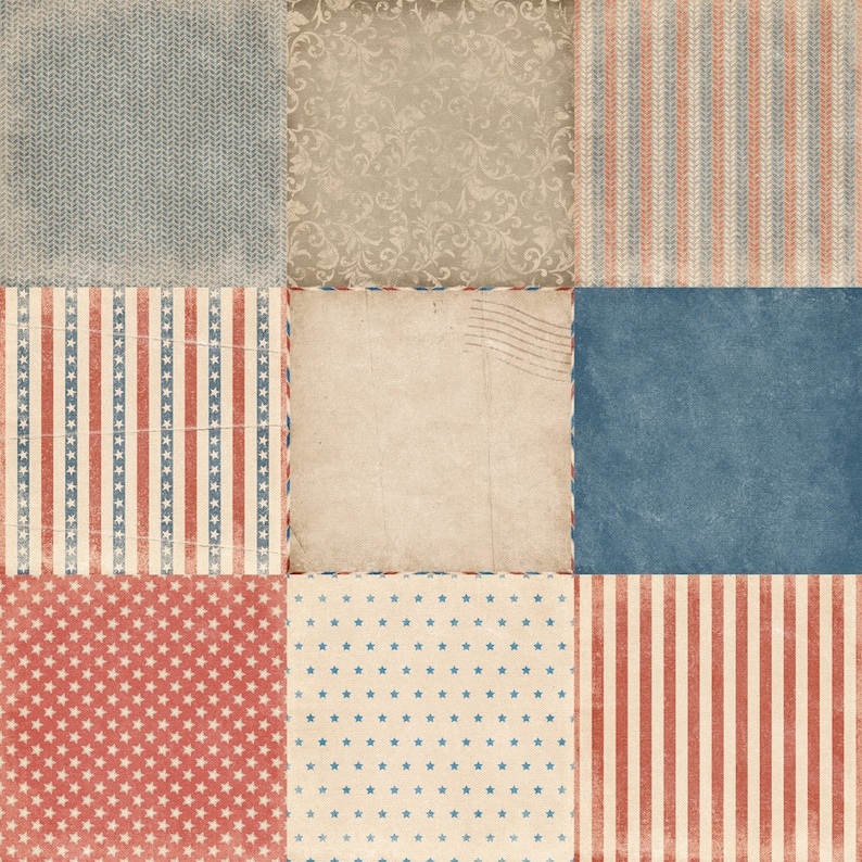Puede incluir: Un collage digital de nueve cuadrados con diferentes patrones en rojo, blanco y azul. Los patrones incluyen rayas, estrellas y un dise&ntilde;o floral de estilo vintage.