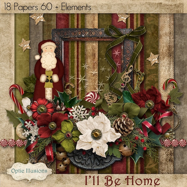 Digital Scrapbooking Kit - I'll Be Home - Christmas Scrapbook Kit - 18 Paper - 60 Plus Elements - Paper Size - 12 x 12 Inches - 5.00