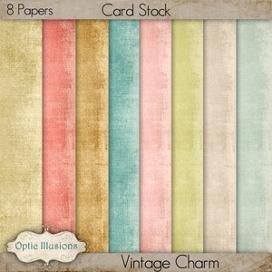 May include: A set of 8 digital papers with a vintage charm theme. The papers feature a variety of colors, including beige, light pink, light blue, and yellow. The papers have a textured look, like linen or canvas.