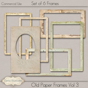 Puede incluir: Conjunto de seis marcos de estilo vintage con bordes desgastados. Los marcos son de varios tamaños y formas, con un fondo crema y acentos marrones y verdes. Los marcos son perfectos para agregar un toque de encanto vintage a tus fotos u obras de arte.