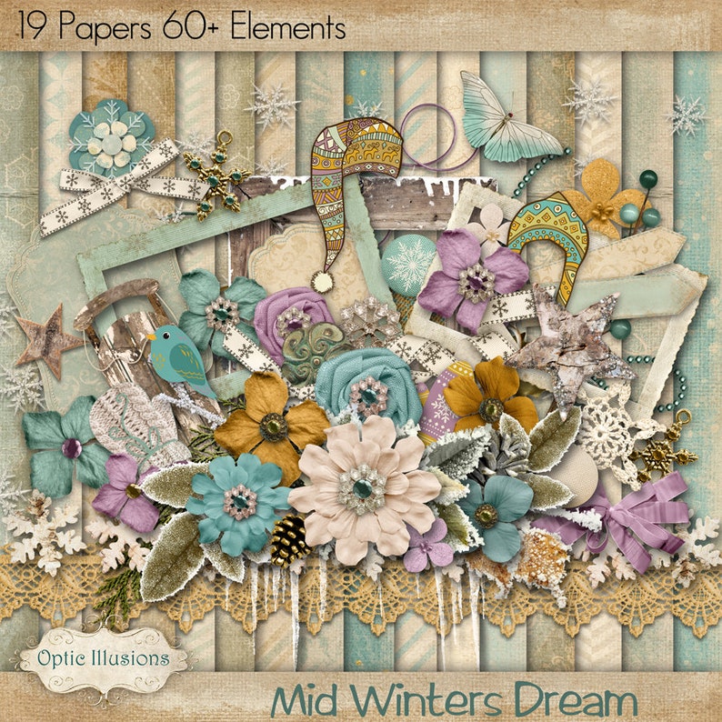 19 Papers and 60 Plus Elements Digital Scrapbooking Kit 12 x 12-5.00 MID WINTERS DREAM Digital Papers