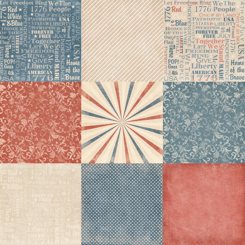 Puede incluir: Un paquete de papel digital con cuatro dise&ntilde;os diferentes en rojo, blanco y azul. Los dise&ntilde;os incluyen un patr&oacute;n de rayas rojas y blancas, un patr&oacute;n de rayos de sol rojo, blanco y azul, un patr&oacute;n floral azul y un patr&oacute;n de lunares azules y blancos. Los dise&ntilde;os tambi&eacute;n incluyen texto relacionado con el 4 de julio y el D&iacute;a de la Independencia de los Estados Unidos.