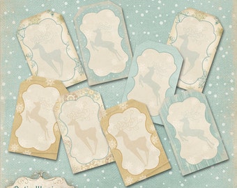 Holiday Gift Tags - Snowflakes & Reindeer - Christmas Gift Tags - Set of 8 - 2.5 x 4 Inch - Sheet for backside - INSTANT DOWNLOAD -2.00