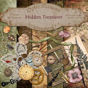 Digital Scrapbooking Kit - HIDDEN TREASURES - 5 Papers - 50 Elements -2.75