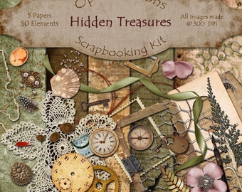 Digital Scrapbooking Kit - HIDDEN TREASURES - 5 Papers - 50 Elements -2.75