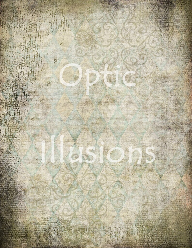May include: A textured background with a vintage aesthetic. The design features a diamond pattern in shades of beige and light blue, overlaid with ornate scrollwork. The words "Optic Illusions" are written in a white, serif font.