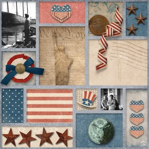 Puede incluir: Un collage de im&aacute;genes patri&oacute;ticas, que incluyen la Estatua de la Libertad, la bandera estadounidense, estrellas y una postal vintage. El collage est&aacute; enmarcado en un material similar al denim azul.