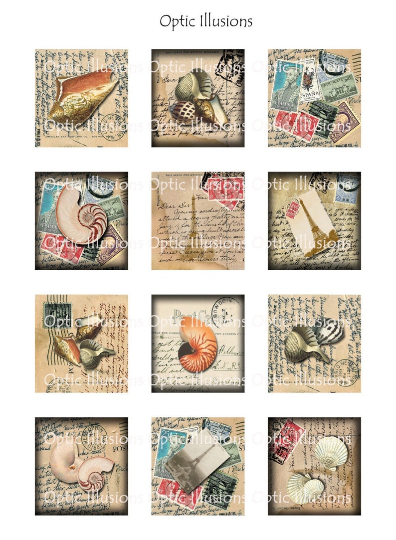 Shell Postcards INSTANT DOWNLAOD - Vintage Postcards and Shells -- 2 X 2 Sqrs. 2 Pages ...