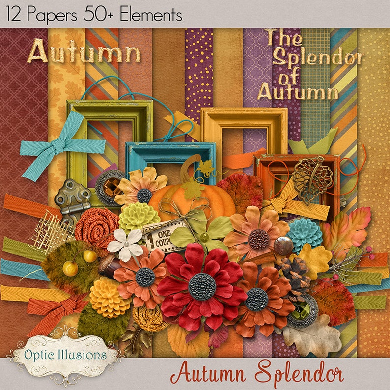 NEW Autumn Splendor Digital Scrapbooking Kit 12 Papers 50 Plus Elements 4.75 image 1