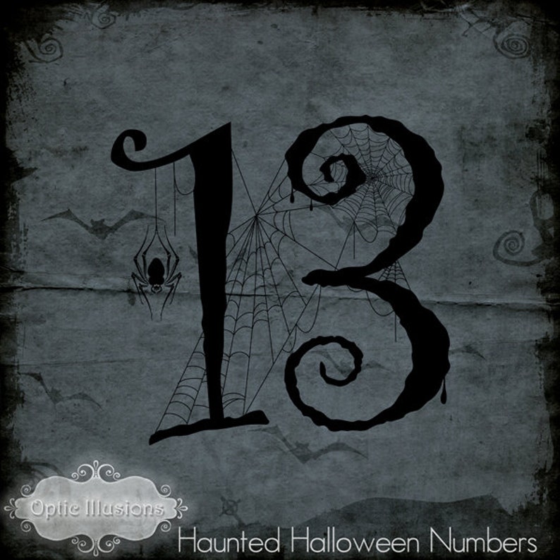 May include: Black number 13 with a spider web design and a spider hanging from the top. The number is on a dark gray background with a white text box that says "Optic Illusions" and "Haunted Halloween Numbers".
