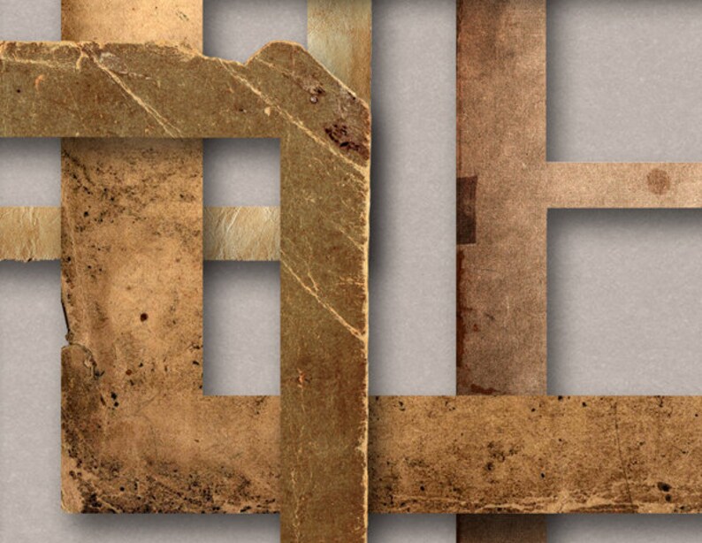 May include: A close-up of a textured, brown paper frame with a grid pattern. The frame is made of multiple pieces of paper that have been layered and overlapped. The paper has a worn and aged look, with visible creases and tears.