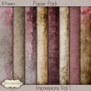 May include: A digital paper pack featuring 8 papers in shades of brown, pink, and beige. The papers have a vintage, textured look. The text "Paper Pack" and "Impressions Vol 1" is visible in the image.