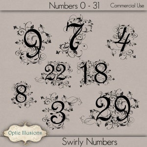 Swirly Fancy Numbers - Números de mesa - Uso comercial - - 0 a 31 - Cartões, álbuns de recortes, convites - DOWNLOAD INSTANTÂNEO -3,00