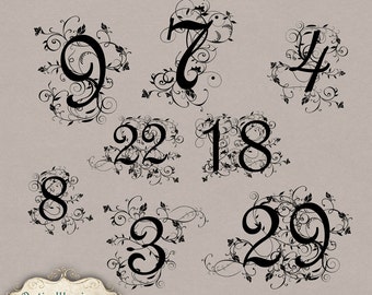 Swirly Fancy Numbers - Table Numbers - Commercial Use - - 0 thru 31 - Cards, Scrapbooking, Invitations - INSTANT DOWNLOAD -3.00