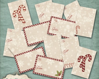 Christmas Gift Tags - Snowflakes & Candy Canes - Set of 8 - 2.5 x 4 Inch - Sheet for backside - INSTANT DOWNLOAD - 2.50