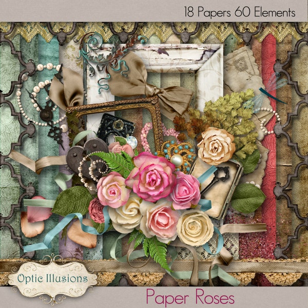 PAPER ROSES - Kit Scrapbooking Numérique - 18 Beaux Papiers - 60 Éléments -4.75