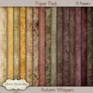 Puede incluir: Un paquete de papel digital con 15 diseños diferentes que presentan colores y texturas otoñales. Los diseños incluyen una variedad de patrones, incluyendo florales, geométricos y abstractos. El paquete de papel se titula "Autumn Whispers" y es de Optic Illusions.