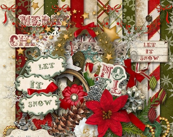 Digital Scrapbooking Kit - LET IT SNOW - 13 Papers, 40 plus Elements - 4.75