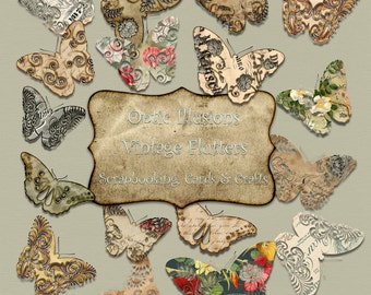 May include: A collection of vintage-style butterfly images in various colors and patterns, with a title that reads "Optic Illusions Vintage Flutters Scrapbooking Cards & Crafts".