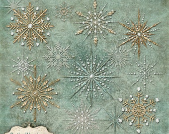 May include: Six sparkling winter snowflake designs in three styles. The snowflakes are gold, silver, and white with a glittery finish. The background is a textured teal blue.