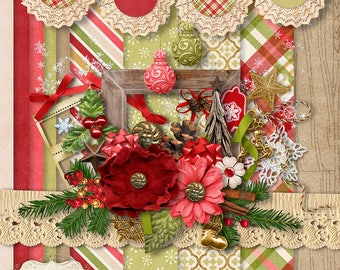 Digital Scrapbooking Kit - Holiday Wishes  - Christmas Scrapbook Kit - 10 Paper - 35 Plus Elements - Papers 12 x 12 Inches - 4.75