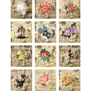 Op de afbeelding: Een digitale collage van negen vierkante afbeeldingen met vintage bloemmotieven met rozen, vlinders en andere bloemmotieven op een achtergrond van handschrift. De afbeeldingen zijn gerangschikt in een 3x3 raster.