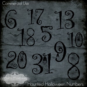 May include: A set of ten black numbers with a spiderweb and spider design. The numbers are 6, 17, 13, 18, 5, 10, 20, 31, 9, and 8. The text "Haunted Halloween Numbers" is at the bottom of the image.