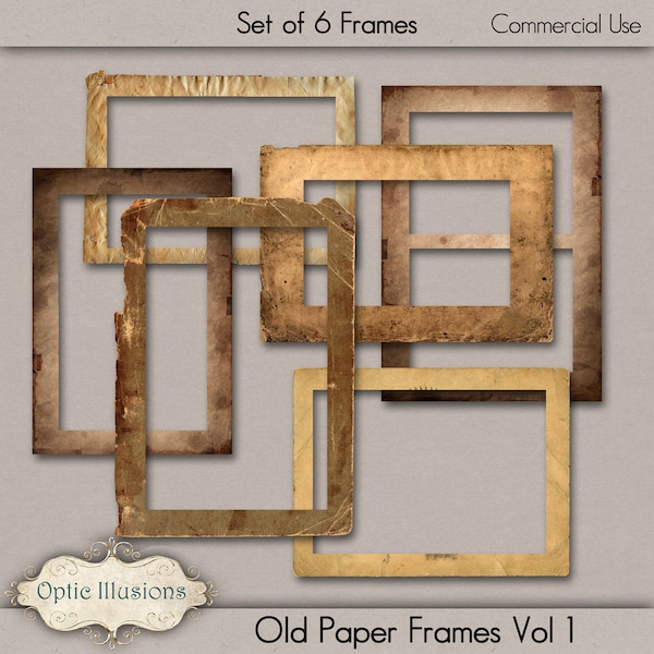 Old Paper Frames - Vol 1 - Clip Art - Commercial Use - Six Frames made from Old Vintage Papers - INSTANT DOWNLOAD -3.75