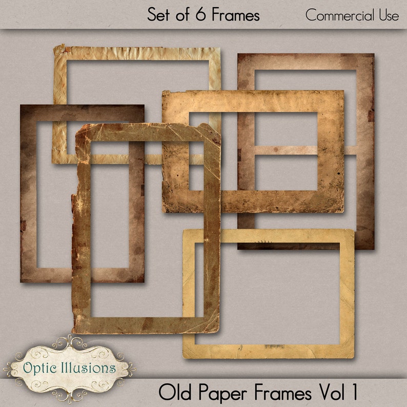 May include: Set of six vintage-style paper frames with a distressed, aged look. The frames are layered on top of each other, creating a unique and artistic effect.  The frames are perfect for adding a touch of rustic charm to your projects.