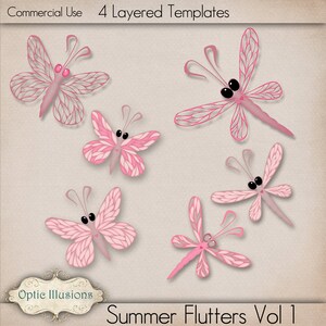 May include: Set of four layered digital templates featuring pink butterflies and dragonflies with black eyes. The templates are designed for commercial use and are part of the "Summer Flutters Vol 1" collection.
