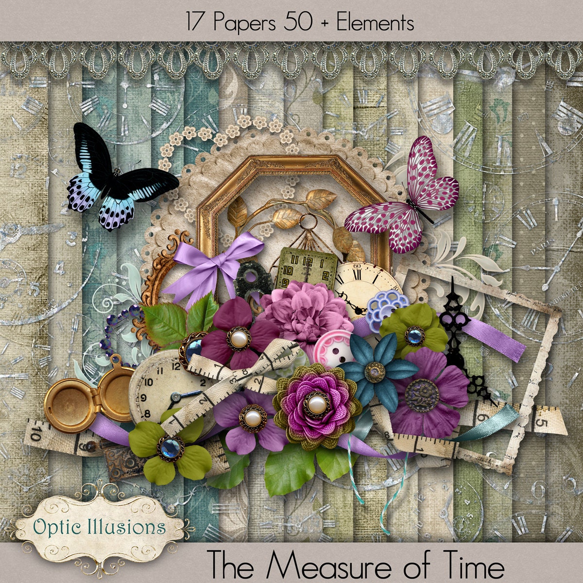 The Measure of Time - Digital Scrapbooking Kit - 17 Papers Over 50 Elements - 4.75