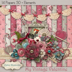 My Vintage Valentine - Kit di scrapbooking digitale - 14 bellissimi documenti e oltre 50 + elementi4,75