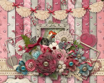 My Vintage Valentine - Digital Scrapbooking Kit - 14 Beautiful Papers and over 50 + Elements4.75