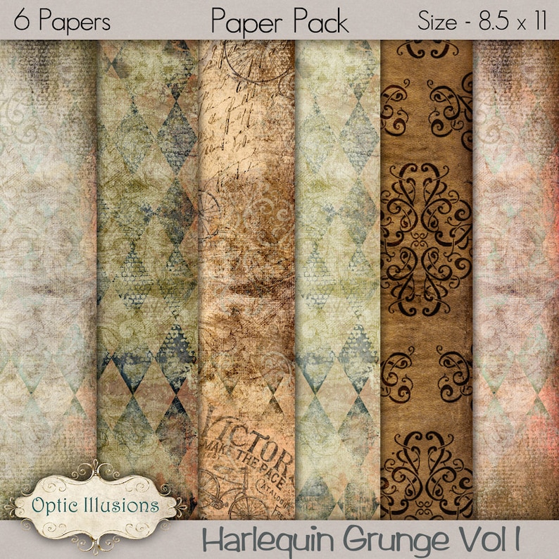 May include: A paper pack featuring six sheets of 8.5 x 11 inch paper with a vintage, grunge aesthetic. The designs include diamond patterns, script, and ornate swirls in shades of brown, beige, and green. The text "Harlequin Grunge Vol I" is visible.